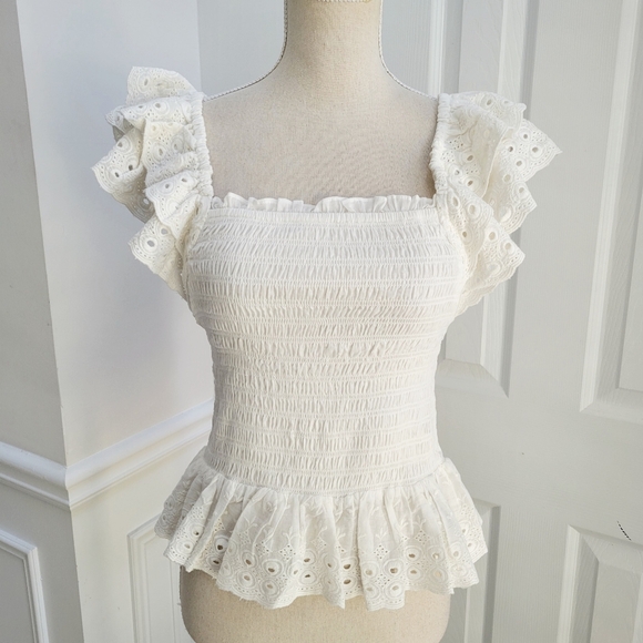 House of Harlow 1960 Smocked Ruffle Peplum Eyelet‎ Lace Puff Sleeve Blouse - Picture 2 of 12